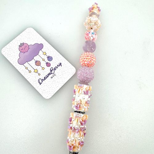 Beaded Pen — Lavender & Peach Butterfly Bow