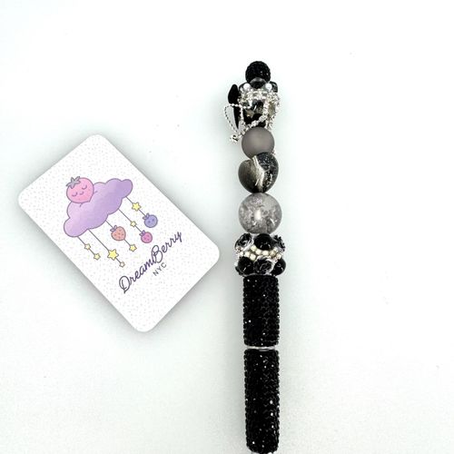 Beaded Pen — Black & Silver Rose Tassel