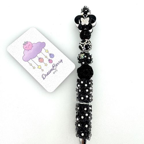 Beaded Pen — Black Rose & Silver Butterfly