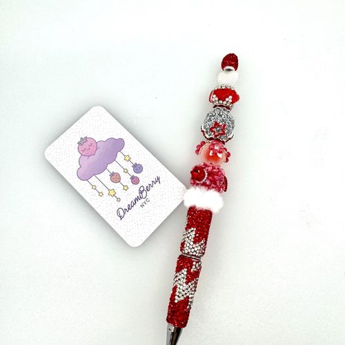 Beaded Pen — Red, Silver & White Fluffy Heart