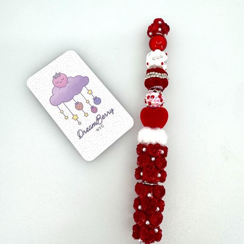 Beaded Pen — Red & White Velvet Heart & Fur
