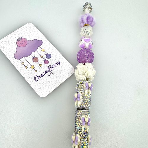 Beaded Pen — Lavender & White Bow, Heart & Rose