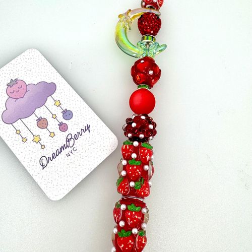 Beaded Pen — Red Strawberry, Moon & Butterfly