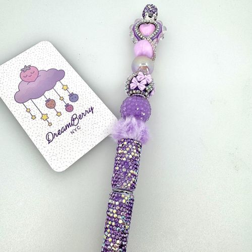 Beaded Pen — Purple Heart, Bow & Pom Pom