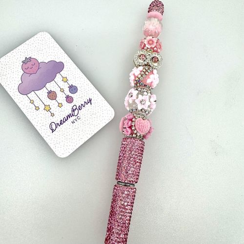 Beaded Pen — Pink Owl, Flower Bow & Hearts