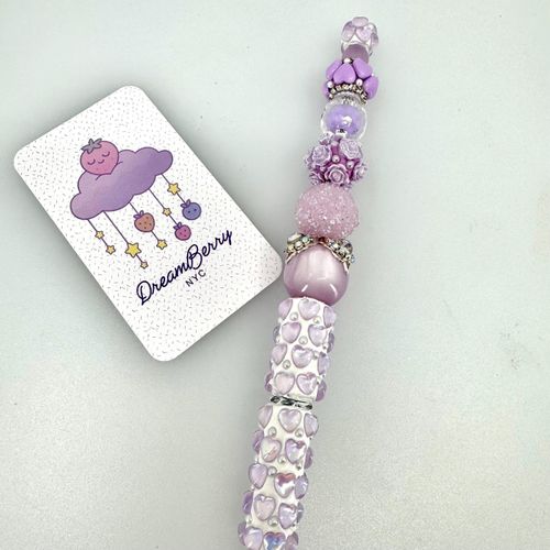 Beaded Pen — Lavender Hearts, Purple Roses & Pearls