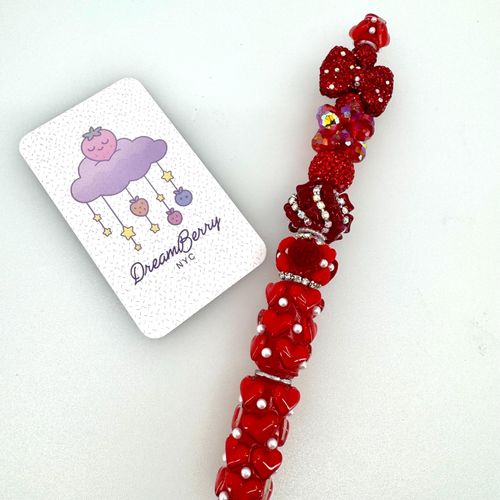 Beaded Pen — Red Hearts, Rhinestone Bow & Roses