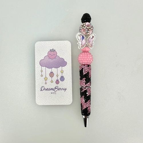 Beaded Pen — Black & Pink Butterfly (Regular Size)