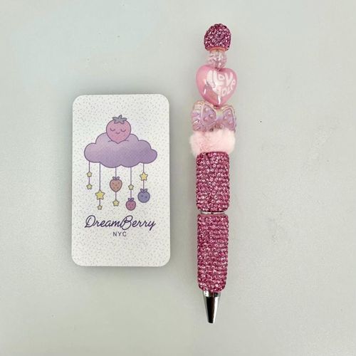 Beaded Pen — Pink 'Love You' Heart & Fuzzy Bow (Regular Size)