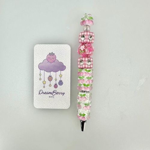 Beaded Pen — Pink Cherry Gingham Rose (Regular Size)