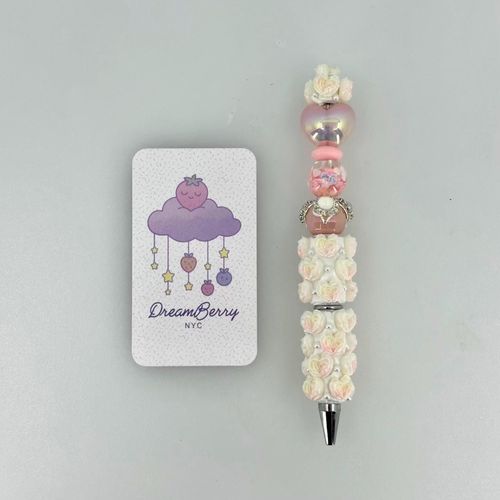 Beaded Pen — Light Pink & White Rose Heart (Regular Size)