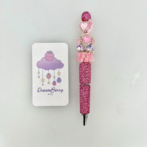 Beaded Pen — Pink Princess Heart & Rose (Regular Size)