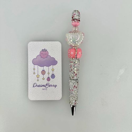 Beaded Pen — Clear Crystal & Pink Heart (Regular Size)