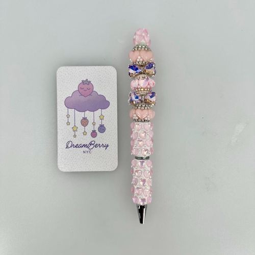 Beaded Pen — Pink Hearts, Pearls & Crystal Bow (Regular Size)