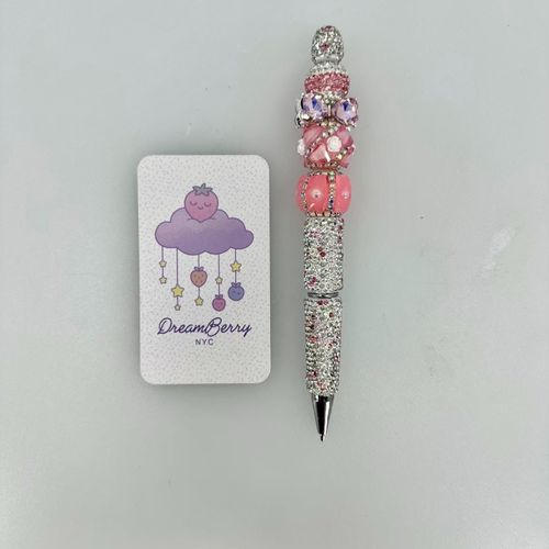Beaded Pen — Silver & Pink Bow Rose (Regular Size)