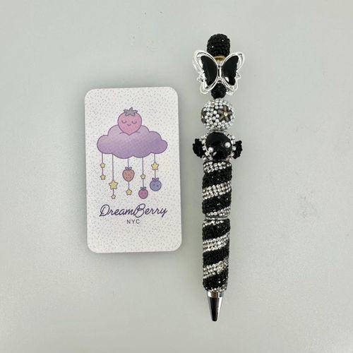 Beaded Pen — Black & Silver Zebra Butterfly (Regular Size)