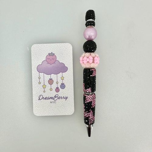 Beaded Pen — Black & Pink Zigzag Bow (Regular Size)