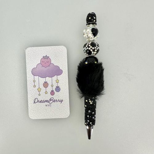Beaded Pen — Black Fluffy Fur & Pearl Heart (Regular Size)