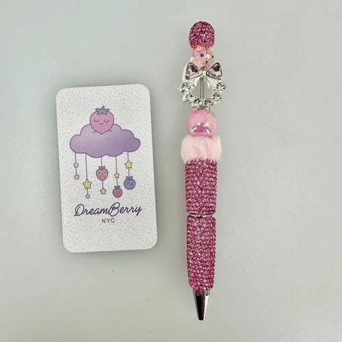Beaded Pen — Pink Bow Charm & Pom Pom (Regular Size)