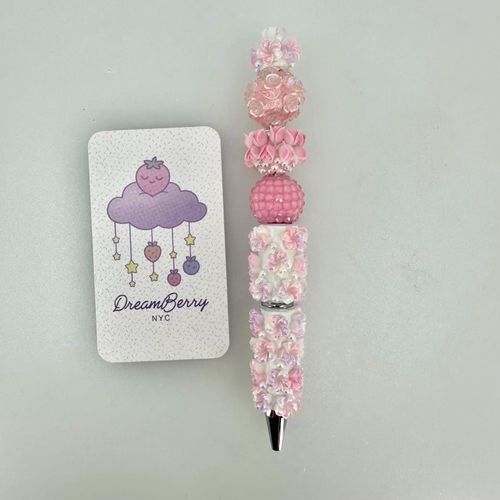 Beaded Pen — Pastel Pink Rose & Pearl (Regular Size)