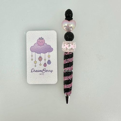 Beaded Pen — Black & Pink Heart Butterfly (Regular Size)