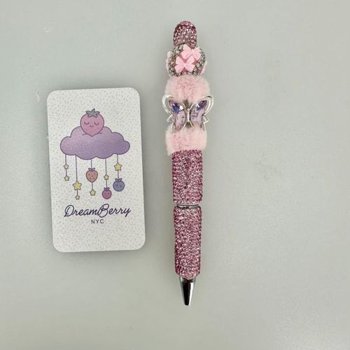 Beaded Pen — Pink Butterfly Charm & Fluffy Bow (Regular Size)