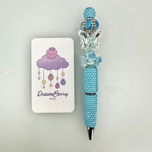 Beaded Pen — Light Blue Butterfly Charm (Regular Size)