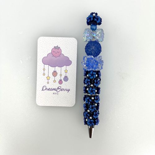 Beaded Pen — Royal Blue Florals & Iridescent Bow (Regular Size)