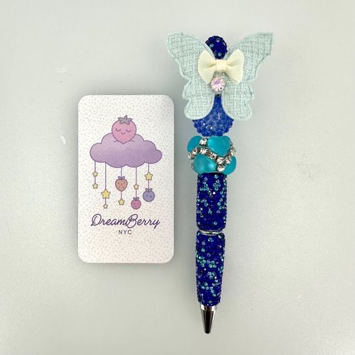 Beaded Pen — Royal Blue Crystal Butterfly (Regular Size)
