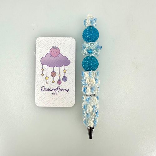 Beaded Pen — Blue Butterfly & Aqua Florals (Regular Size)