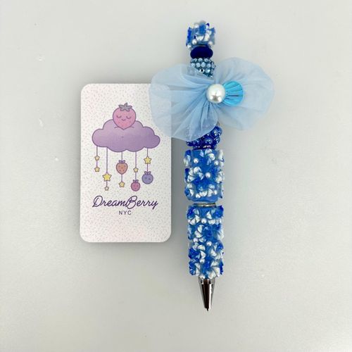Beaded Pen — Blue Florals & Chiffon Bow (Regular Size)