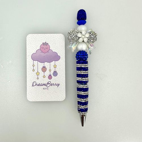 Beaded Pen — Royal Blue Stripes & Silver Bow (Regular Size)