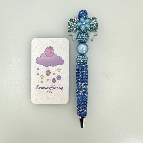 Beaded Pen — Blue Crystal Bow Flower (Regular Size)