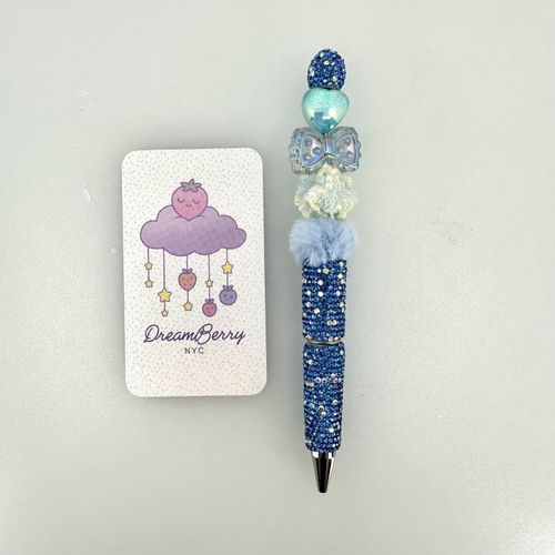 Beaded Pen — Blue Crystal Heart & Bow (Regular Size)