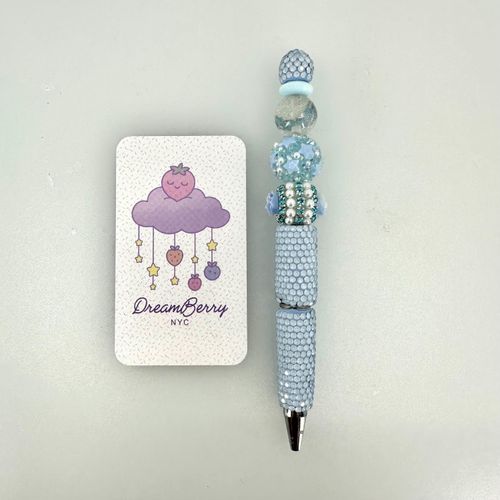 Beaded Pen — Light Blue Crystal & Pearl (Regular Size)