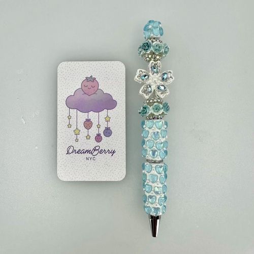 Beaded Pen — Light Blue Heart & Rose Charm (Regular Size)