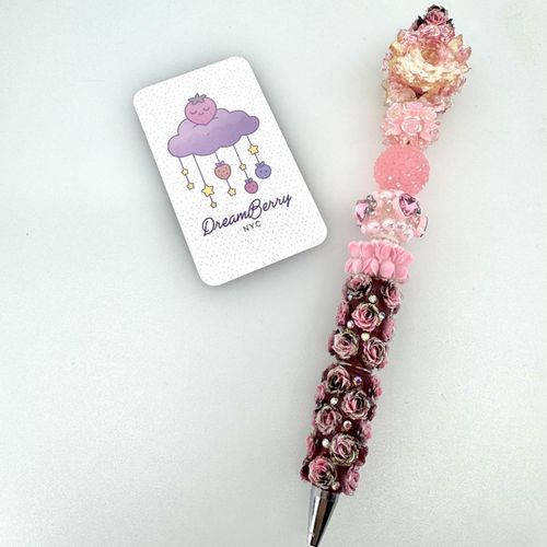 Beaded Pen — Burgundy & Pink Glitter Rose