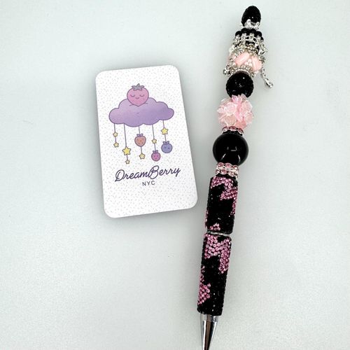 Beaded Pen — Black & Pink Rose Dangle