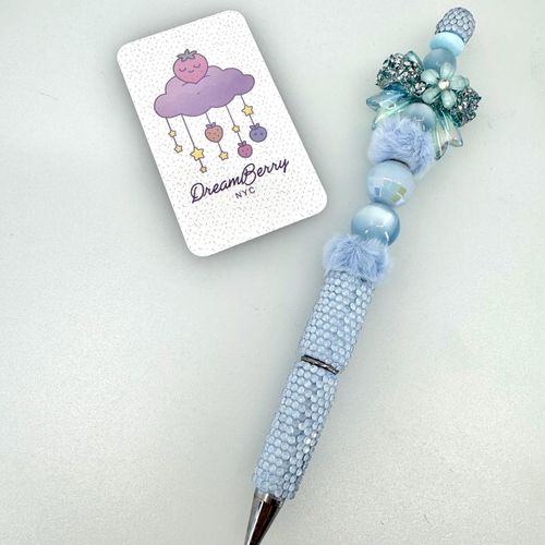 Beaded Pen — Pastel Blue Poms & Crystals