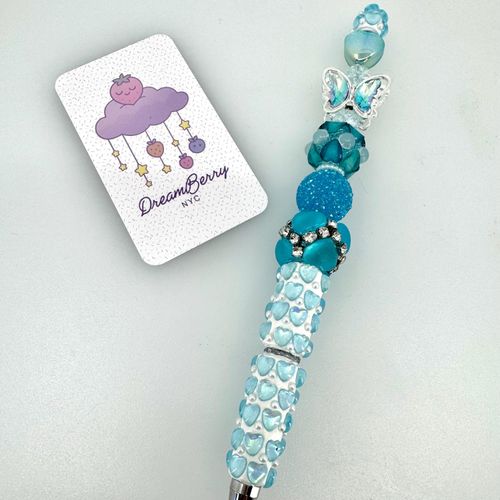 Beaded Pen — Teal Heart, Pearls & Butterfly