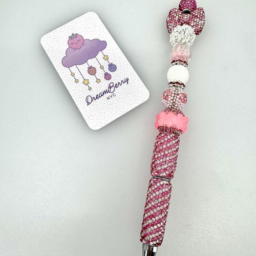 Beaded Pen — Pink Candy Stripe Bow