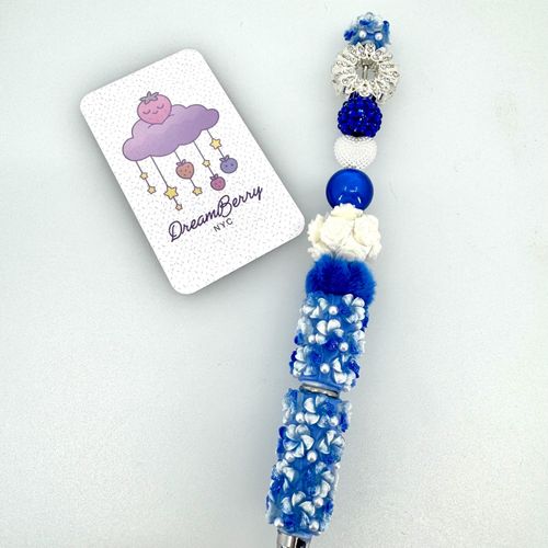 Beaded Pen — Blue & White Flower, Pearl Heart & Pom