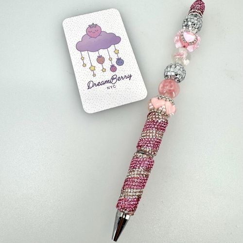 Beaded Pen — Pink & Silver Disco Hearts