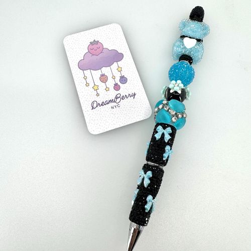Beaded Pen — Teal & Black Blue Bear