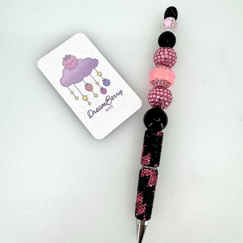 Beaded Pen — Black & Pink Bow Sparkle