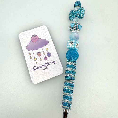 Beaded Pen — Turquoise & Silver Crystal Bow