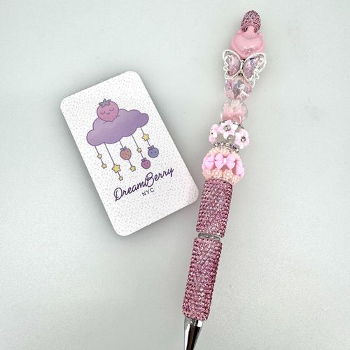 Beaded Pen — Pink Crystal Butterfly & Crown Heart
