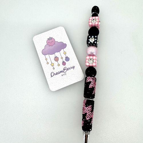 Beaded Pen — Black & Pink Gingham Cubes