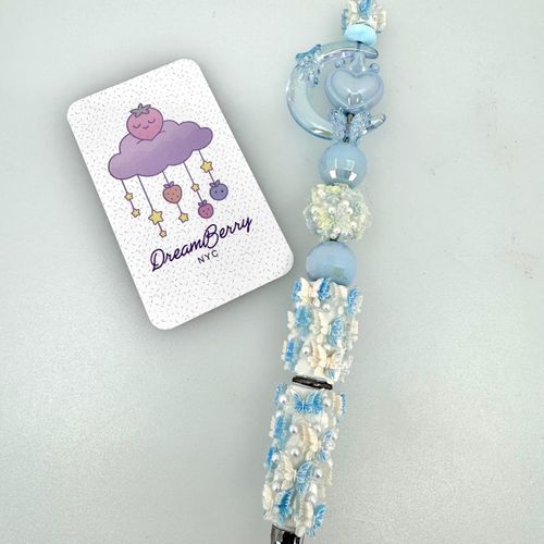 Beaded Pen — Baby Blue & White Butterfly Moon