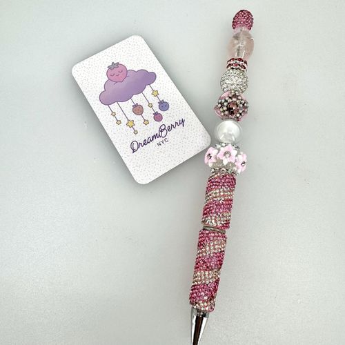 Beaded Pen — Pink & Silver Heart & Crystal Flower